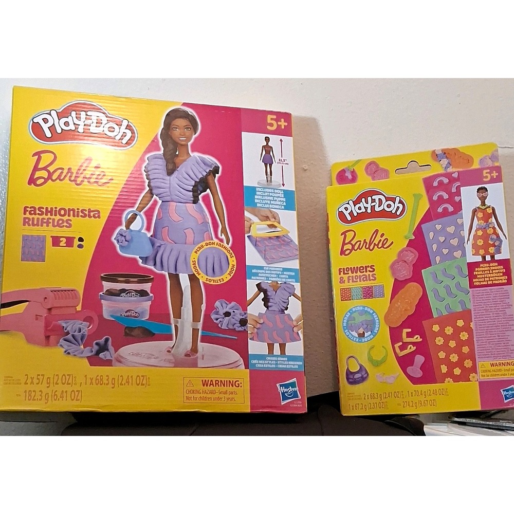 Play-Doh Barbie Fashionista Ruffles Flowers & Florals Doll & 2 Kit Bundle NEW